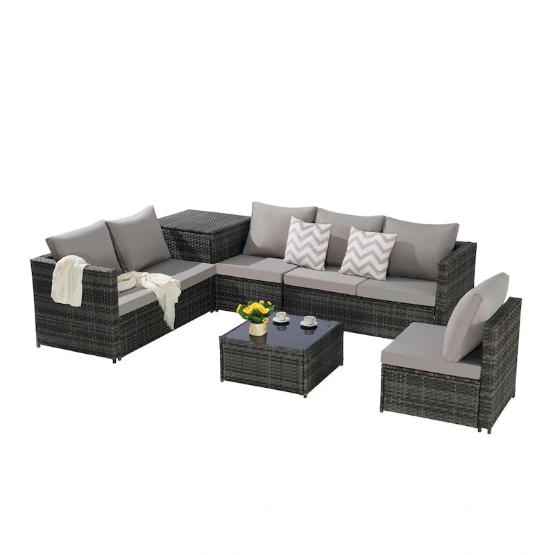 6-Piece Wicker Sectional Sofa Set with Corner & Glass Table