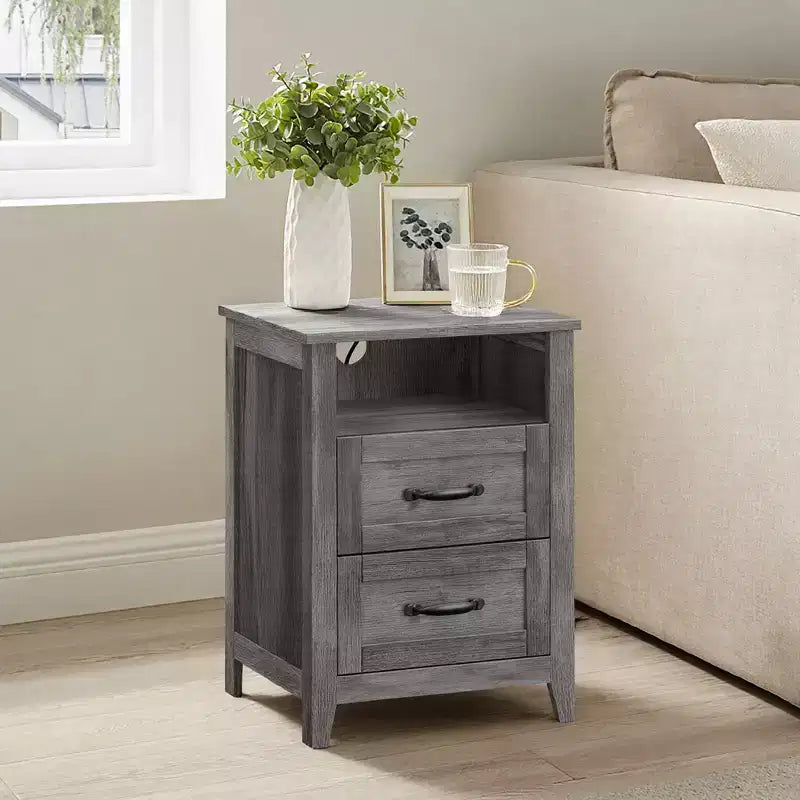 Set of 2 Farmhouse Nightstands with USB Charging - 2-Drawer Bedside Tables, Rustic Modern Design
