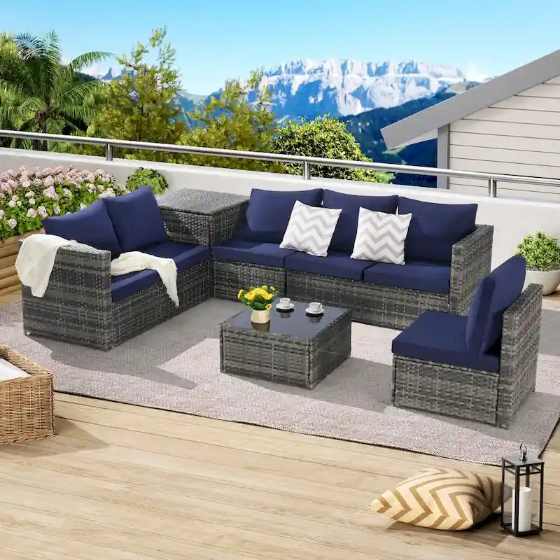 6-Piece Wicker Sectional Sofa Set with Corner & Glass Table