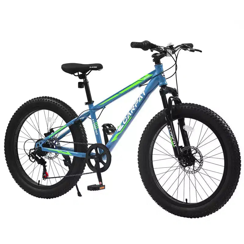 Okak 24IN Fat Tire Bike with Front Suspension, 7-Speed Mountain Bike with Disc Brake and High-Carbon Steel Frame, Trail Bike for Commuting