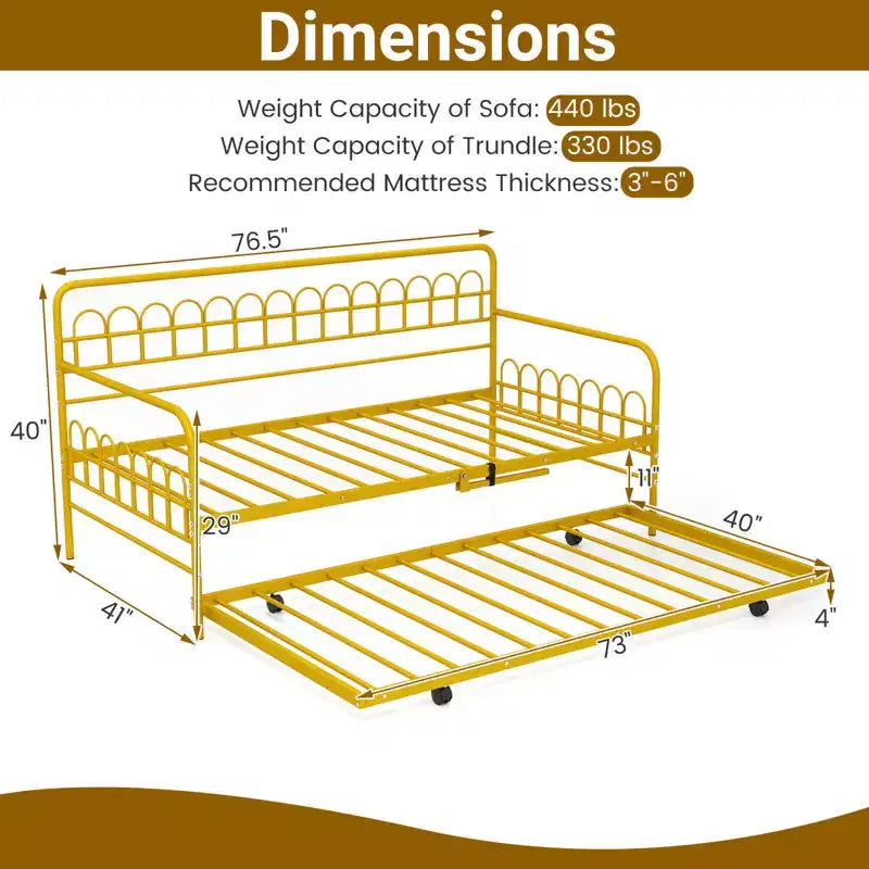 Costway Twin Daybed with Trundle Curved Backrest & Armrests Heavy-duty Metal Slats Black/Gold