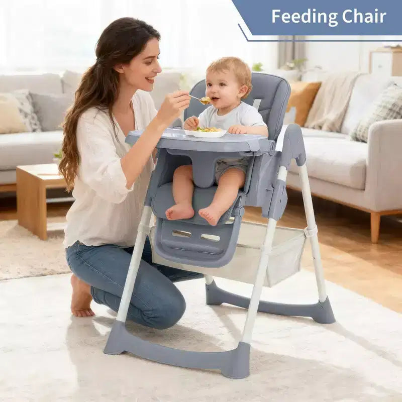 Foldable High Chair for Babies&Toddlers,PU Leather Highchair with Adjustable Backrest,Seat Height,Removable Tray,5-Point Safety Harness&Locking Wheels