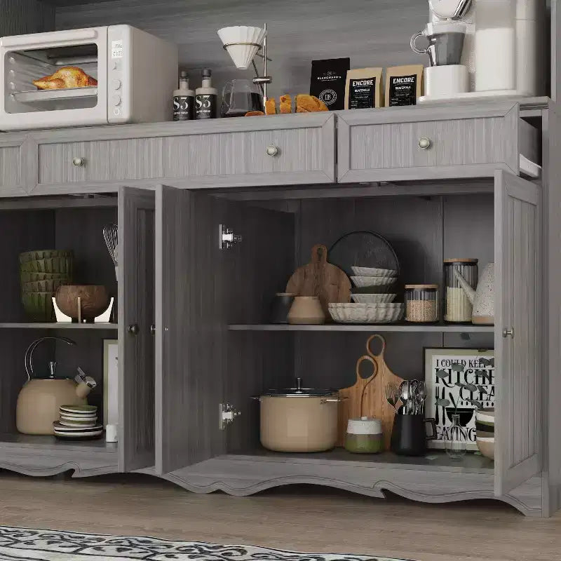Famapy 61.2W Gray Storage Cabinet Buffet Hutch Kitchen Pantry Cabinet with Ornate Base Trim: Blend of Elegance and Utility