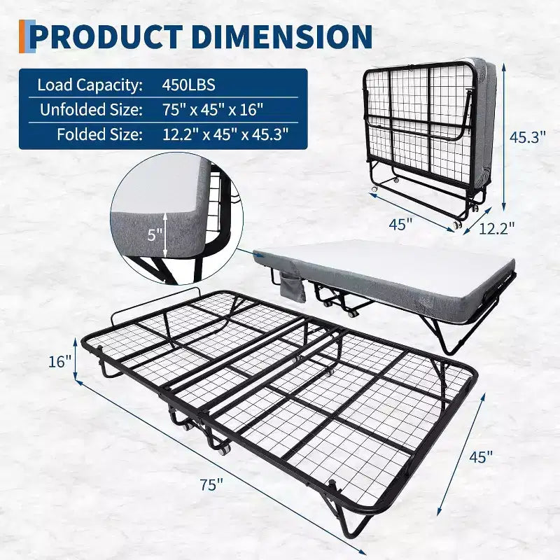 Lit pliant avec matelas pour adultes, lits d'appoint portables, lit pliant avec cadre en métal, matelas en mousse à mémoire de forme 5 et poche de rangement latérale