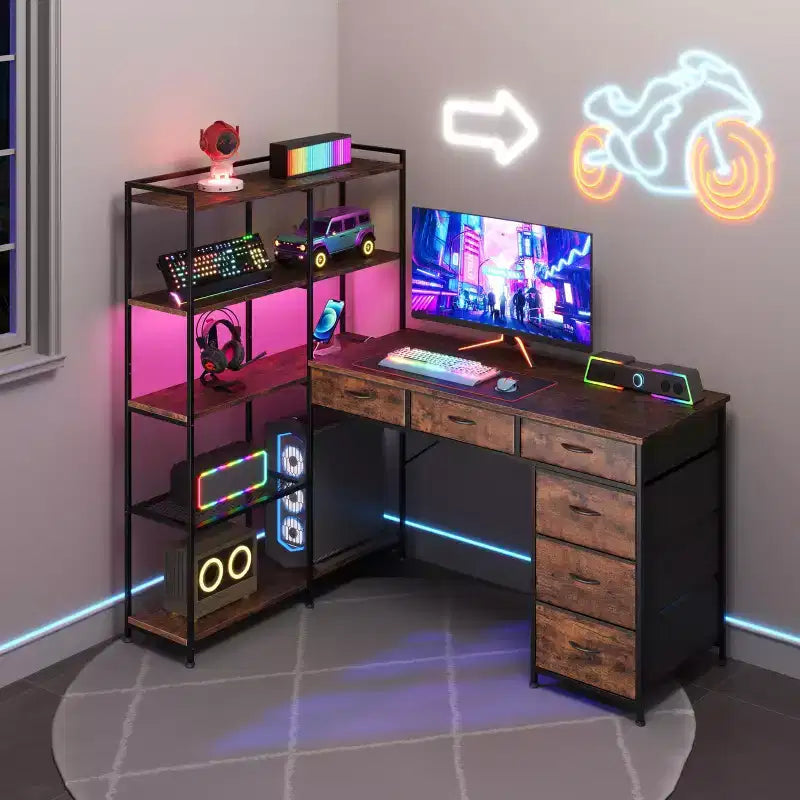 47 L-Shaped Computer Desk with 6 Drawers & 5-Tier Shelves, Reversible Corner Gaming Desk with LED Lights & Power Outlets