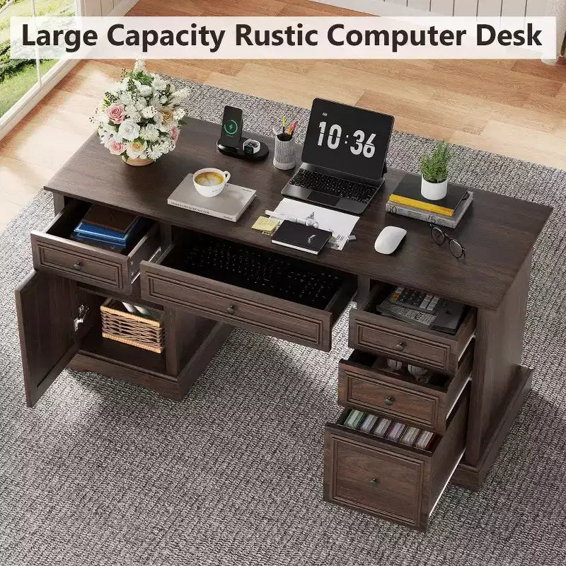 Bureau exécutif 60 po de style campagnard pour bureau à domicile – Bureau d'écriture en bois avec tiroirs, rangement d'armoire, bureau rustique pour le travail et les études