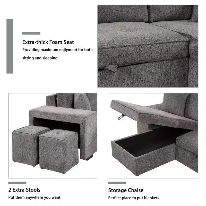 104.5 Reversible L-Shape Sleeper Sectional with Storage Chaise & 2 Stools - Convertible 3-Seat Sofa Bed for Living Room