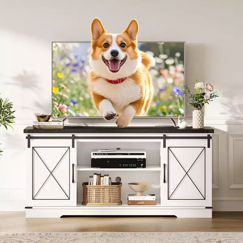 Farmhouse TV Stand for TVs Up to 65, Entertainment Center with Sliding Barn Doors & Storage Cabinets, Media Console Table for Living Room, Bedroom