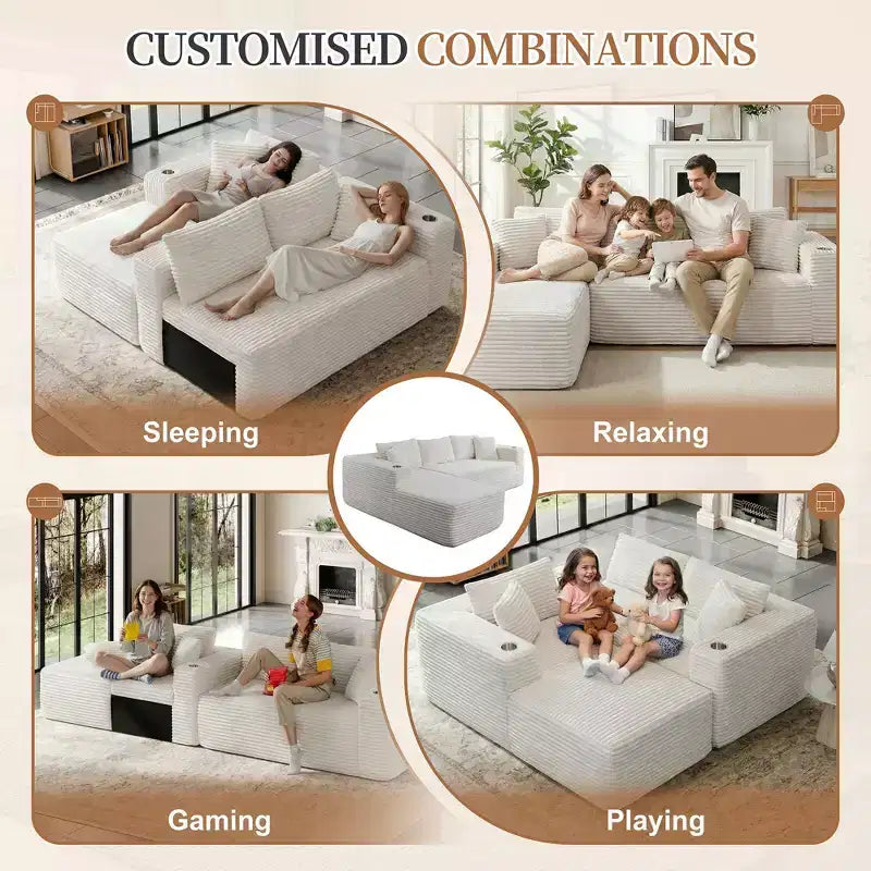 Celebalcony 103 Boneless Modular Sectional Sofa, L-Shaped Chaise with 2 Cup Holders, Plush Corduroy Cloud Couches for Living Room, No Assembly