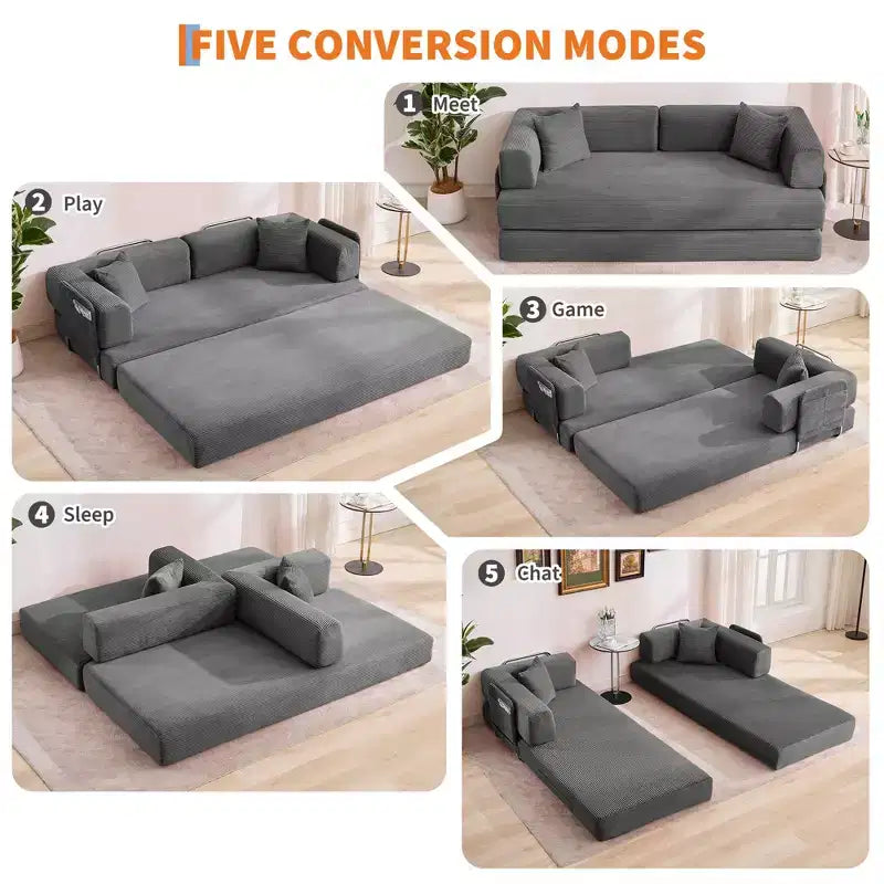 Modern 79 Corduroy Futon Sofa Bed for Small Spaces, 5-in-1 Convertible Sleeper Couch with Removable Armrests & Pillows
