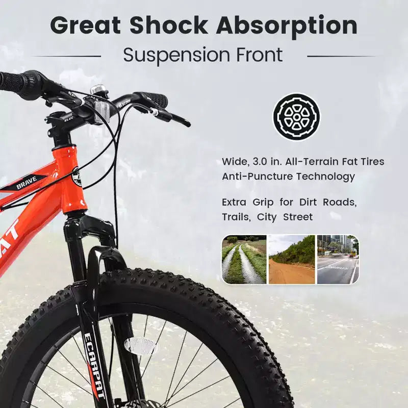 Okak 24IN Fat Tire Bike with Front Suspension, 7-Speed Mountain Bike with Disc Brake and High-Carbon Steel Frame, Trail Bike for Commuting