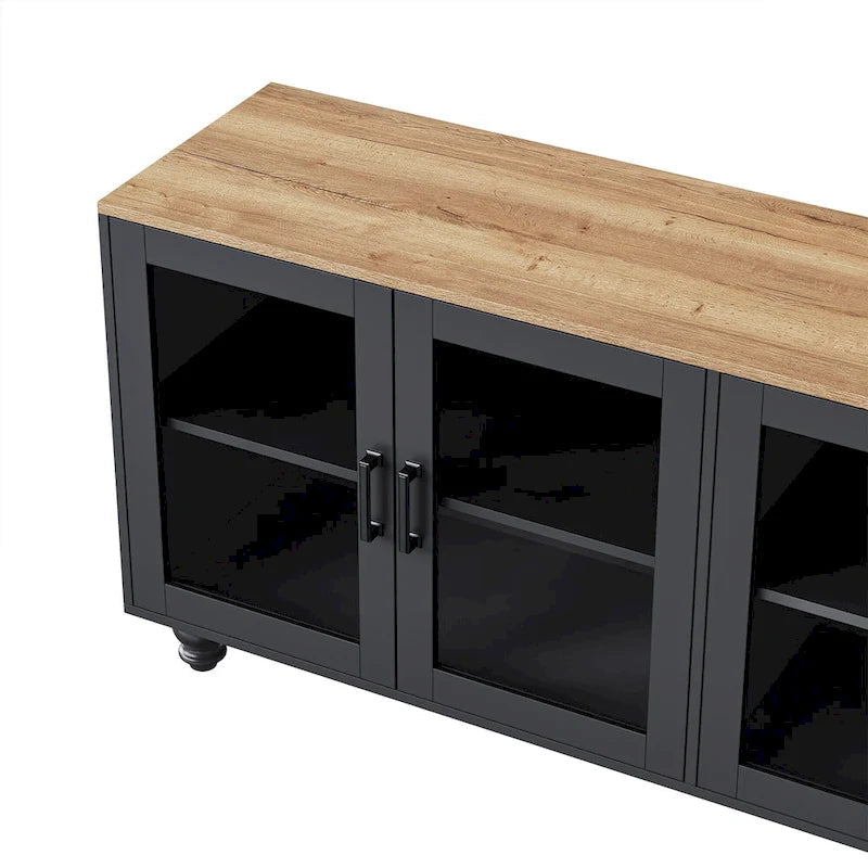 Black + Dark Walnut Farmhouse TV Entertainment Center with Bookshelves & Tempered Glass Doors for TVs Up to 70