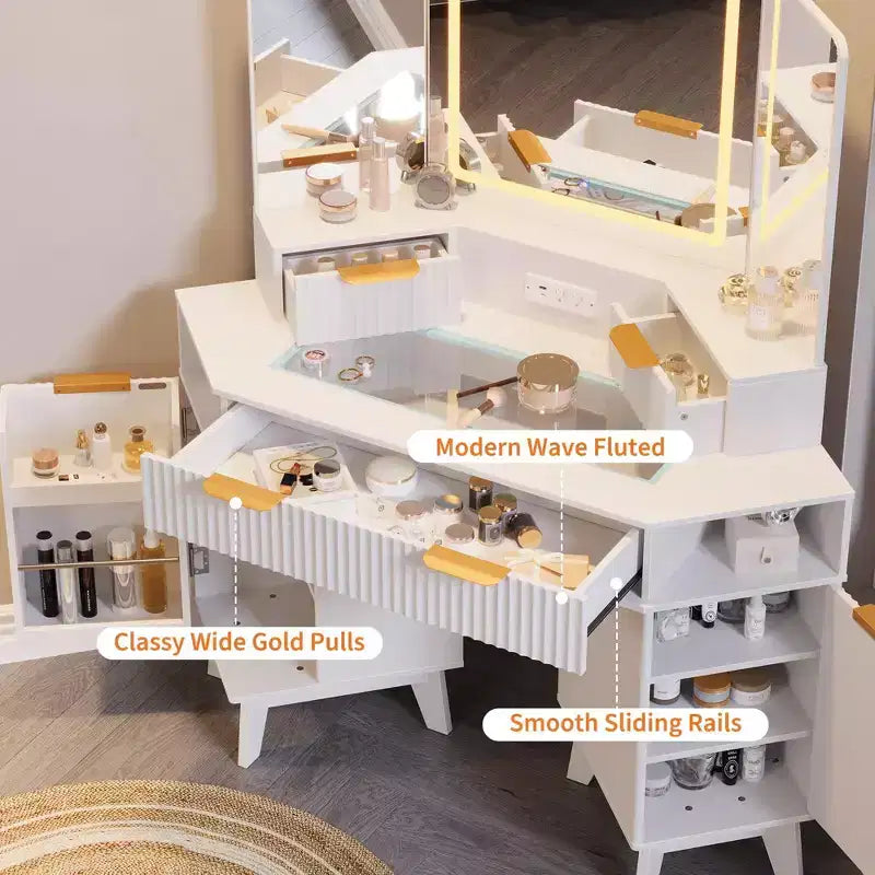 47 Corner Makeup Vanity Desk with Mirror and Light, Wooden Dressing Table with Glass Top & Charging Station, Makeup Vanity Table for Bedroom