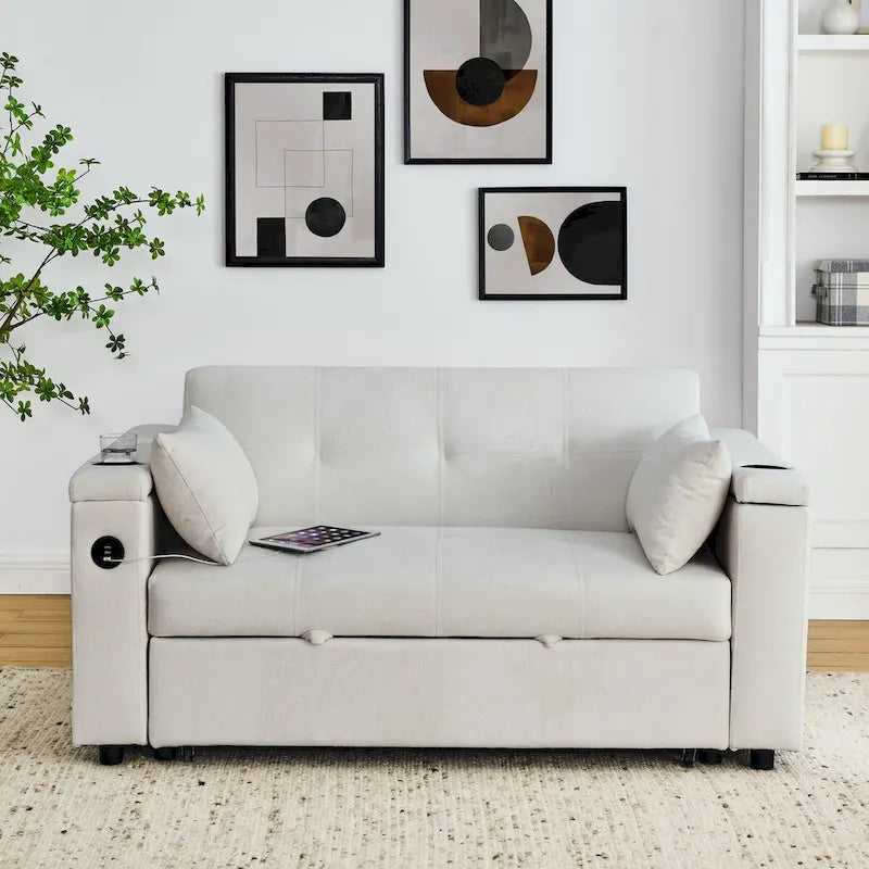 54 Pull-Out Sleeper Sofa Bed, 2 Seat Recliner Sofa Bed with Storage, Lumbar Pillow, USB Power Outlet