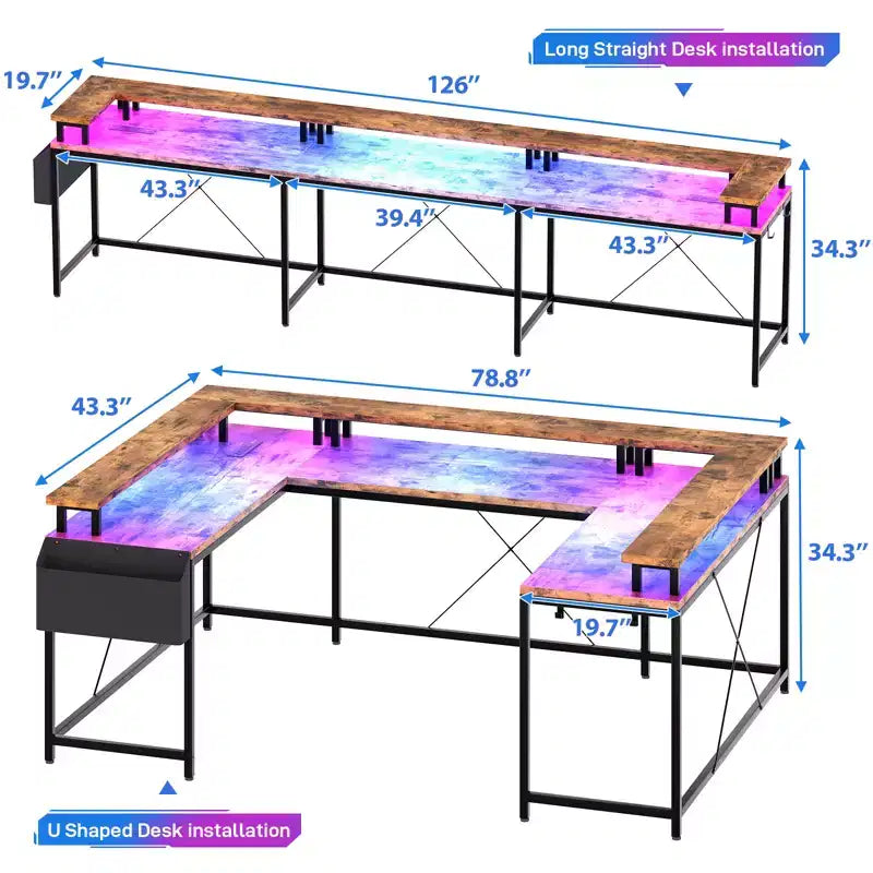 Large U-Shaped Corner Computer Desk with Power, LED Lights, Monitor Stand and Storage for Home Office & Executive Use