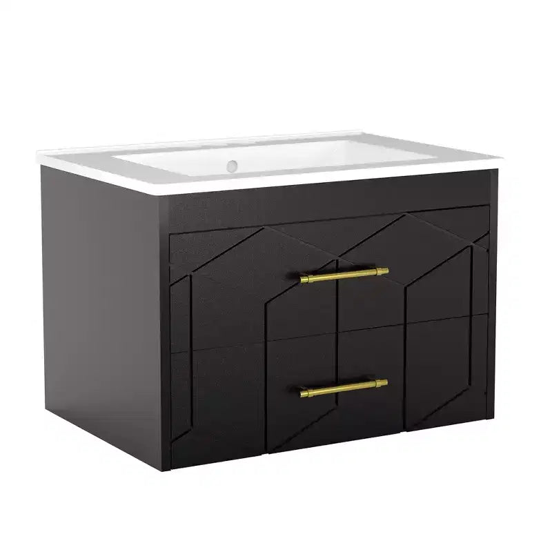 Modern Floating Bathroom Vanity Set with Basin - Wall-Mounted Cabinet with Soft-Close Storage Drawer and Gold Handle, 24 or 30 Size
