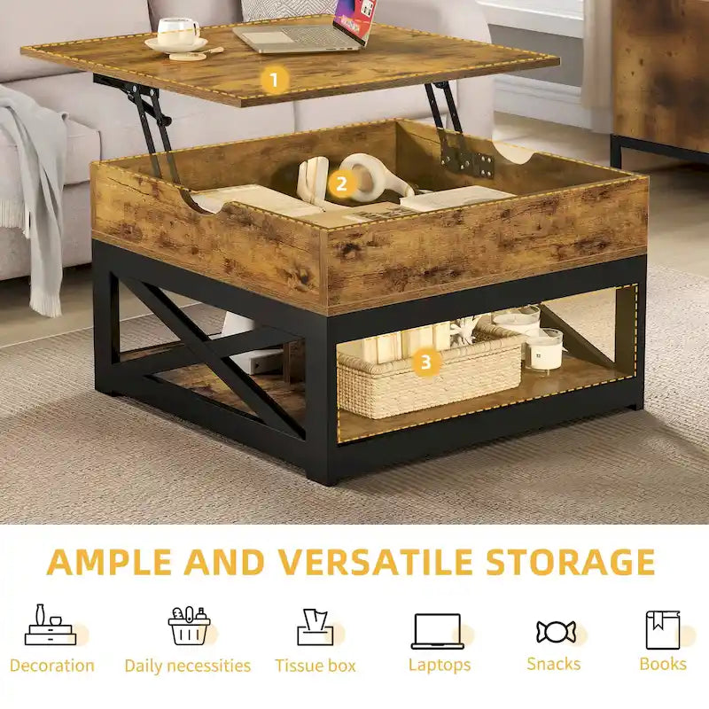 Moasis Farmhouse Square Lift Top Coffee Table with Storage Shelf for Living Room