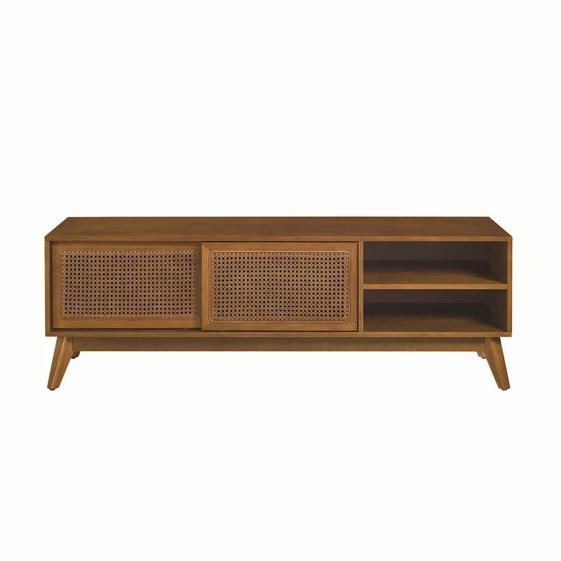 Vintage Rattan TV Cabinet with 2 Storage Cabinets and 4 Wooden Legs for Living Room Bedroom and Office