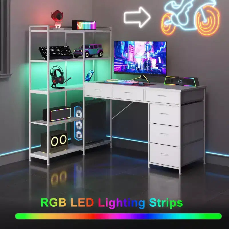47 L-Shaped Computer Desk with 6 Drawers & 5-Tier Shelves, Reversible Corner Gaming Desk with LED Lights & Power Outlets