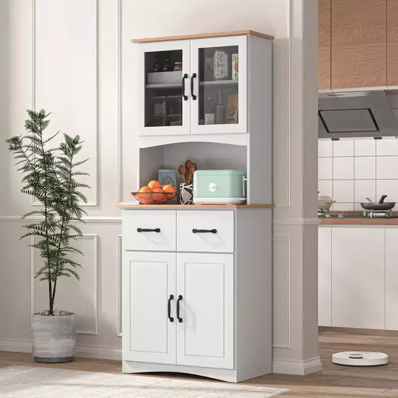 23 Wooden Kitchen Cabinet, Pantry Microwave Cabinet with Glass Doors and Drawers, Adjustable Shelves, White