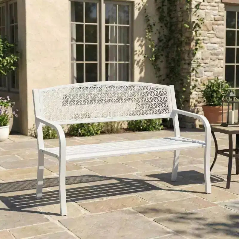 2 Person Metal Outdoor Bench for Garden, Steel Benches Furniture with Geometric Backrest for Patio, Garden & Porch