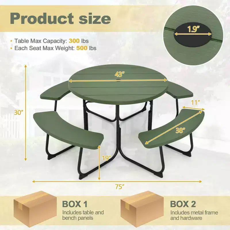 Costway Outdoor 8-person Round Picnic Table Bench Set with 4 Benches & Umbrella Hole Black/Grey/Green/White