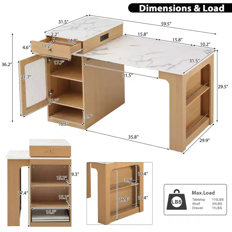 59.5 Kitchen Island with Extendable Dining Table, Double-Sided Storage & Power Outlet, Natural