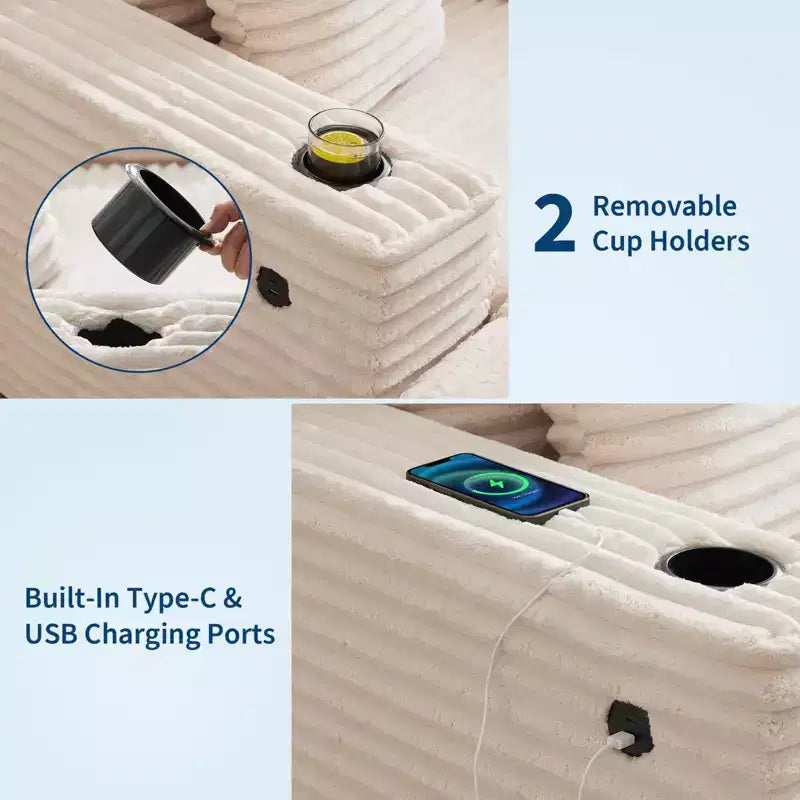 Corduroy 3-Seat Lounge Sofa with Cup Holders & Charging Ports
