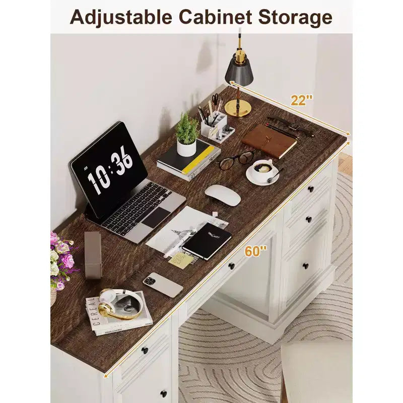 Dyonery 60 Farmhouse Executive Office Desk with Drawers and File Cabinet, Embossed Texture Wood Home Office Desk,Black/Brown/White and brown
