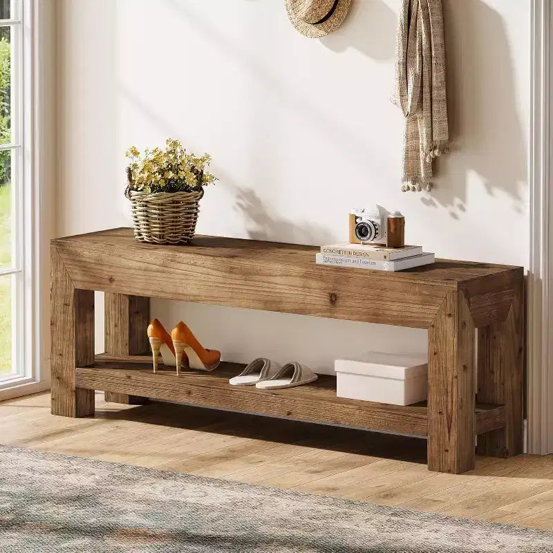 47.24 Solid Wood Entryway Bench with Open Shelves, Rustic Brown