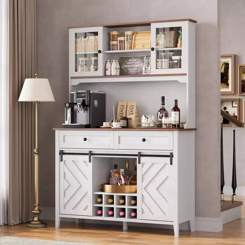 72 Farmhouse Bar Cabinet with Sliding Barn Door  Large Kitchen Buffet with Hutch, Charging Station, 2 Drawers & 8 Storage Shelves  Coffee