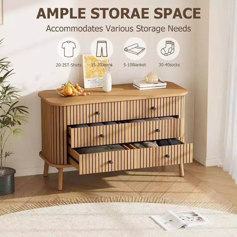 Dresser, 6 Drawer Horizontal Chest with Black Handles & Wooden Legs, Natural Wood Look
