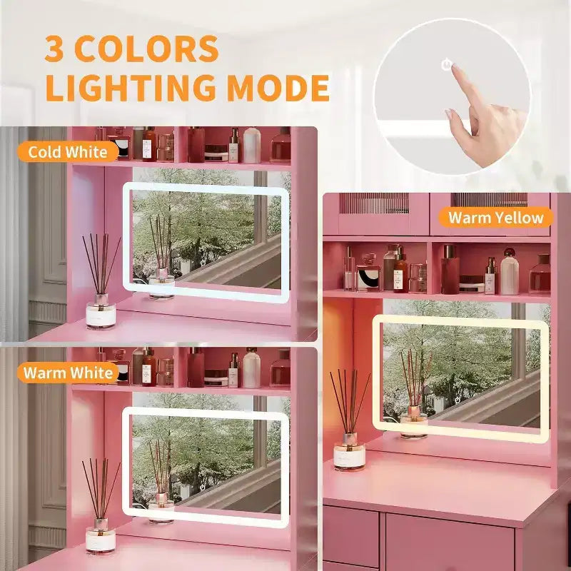 3-in-1 Makeup Vanity Desk with Lighted Mirror, Compact Vanity Table with Drawers, Storage Compartment & Rolling Stool for Bedroom