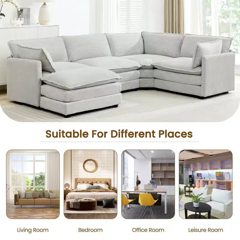 Modern 113.4D*79.13W Oversized Corduroy Modular 5-Seat Sectional Sofa Set with Ottoman U Shaped Sofa Couch with Corner Sofa,HYLEORY