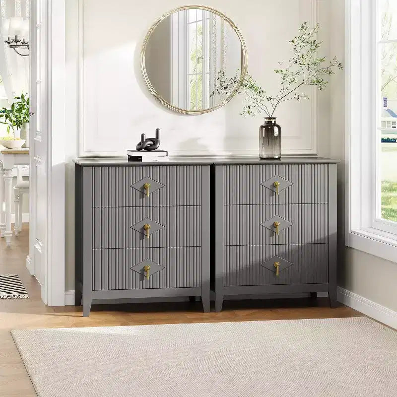 2Pcs Fluted Wood Nightstands, 27.5 Wide 3-Drawer Dresser Set, Modern Bedside Tables, Chest of Drawers for Bedroom, Living Room