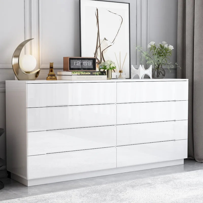 63 High Gloss Dresser With Light Chest w/8 Drawers&Spacious Tabletop