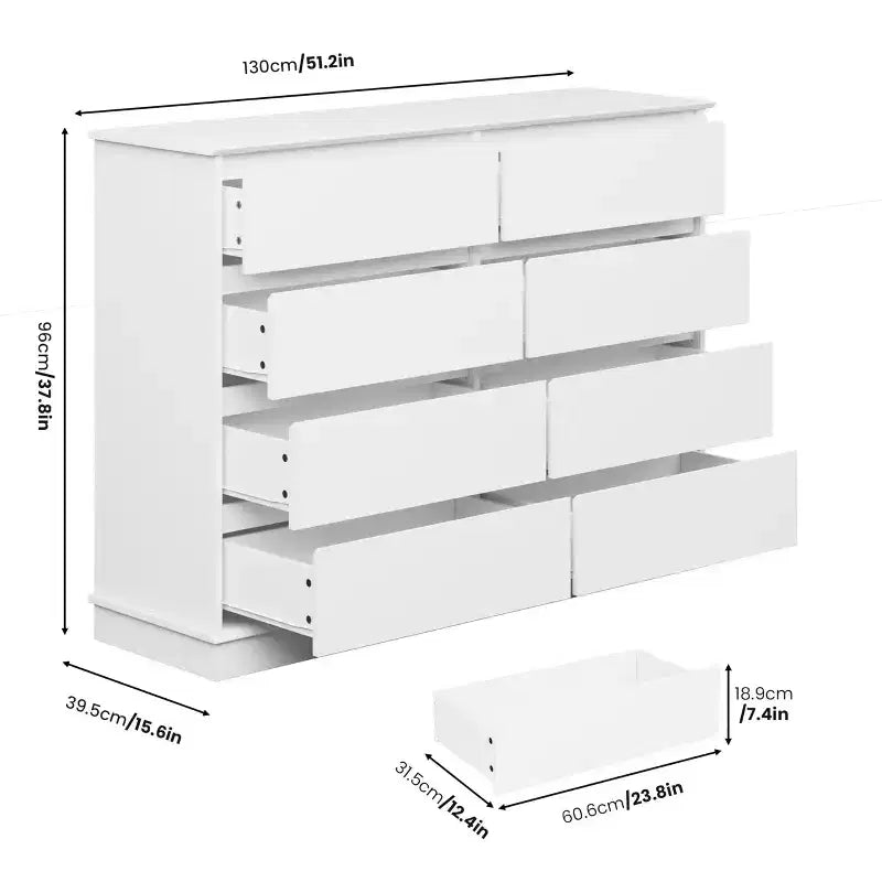 Modern Dresser for Bedroom with 8 Drawers, Wooden Storage Organizer Unit for Closet, Wide Chest of Drawers