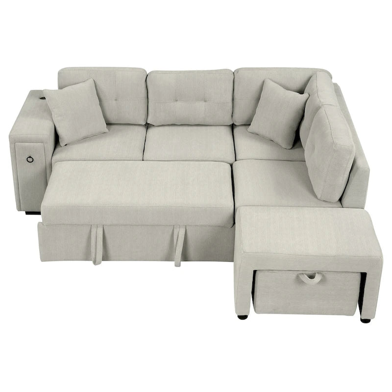 Canapé d'angle 4 places avec lit gigogne, pouf, ports USB et tablette rabattable
