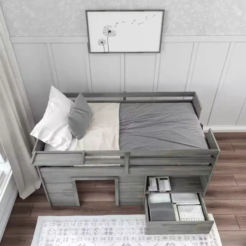 Max & Lily Modern Farmhouse Low Loft Bed with Storage Drawer, Solid Wood Bed for Kids