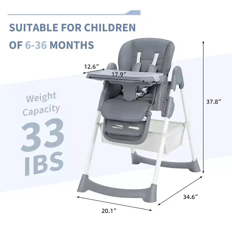 Foldable High Chair for Babies&Toddlers,PU Leather Highchair with Adjustable Backrest,Seat Height,Removable Tray,5-Point Safety Harness&Locking Wheels