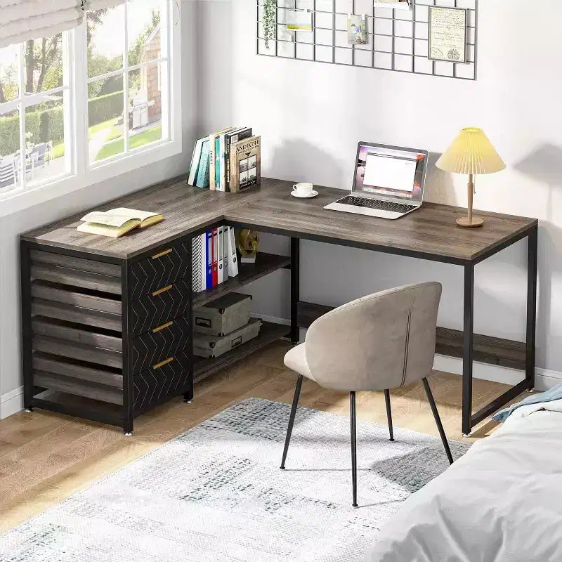 59 Reversible L-Shaped Corner Desk with Storage Drawers, Gray