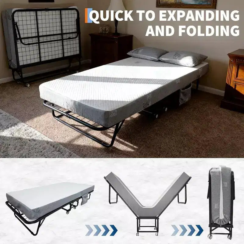 Lit pliant avec matelas pour adultes, lits d'appoint portables, lit pliant avec cadre en métal, matelas en mousse à mémoire de forme 5 et poche de rangement latérale