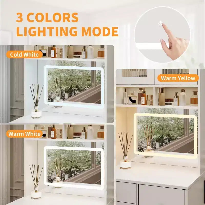 3-in-1 Makeup Vanity Desk with Lighted Mirror, Compact Vanity Table with Drawers, Storage Compartment & Rolling Stool for Bedroom