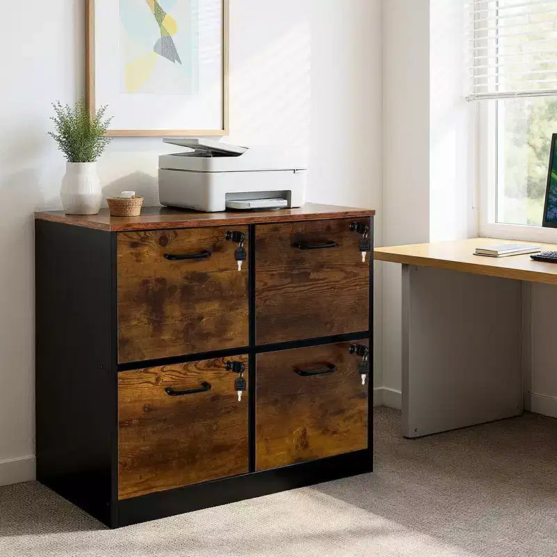 4 Drawer File Cabinet with Lock, Printer Stand, Wood Filing Cabinets for Home Office, Storage Organizer with Adjustable Hanging Rail