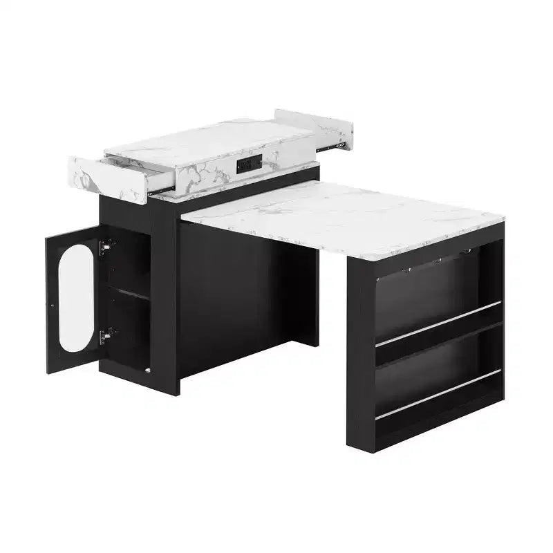 Whisen Extendable Dining Table, Mobile Rolling Island Table with 3 Removable Middle Leaves, Storage Cabinet