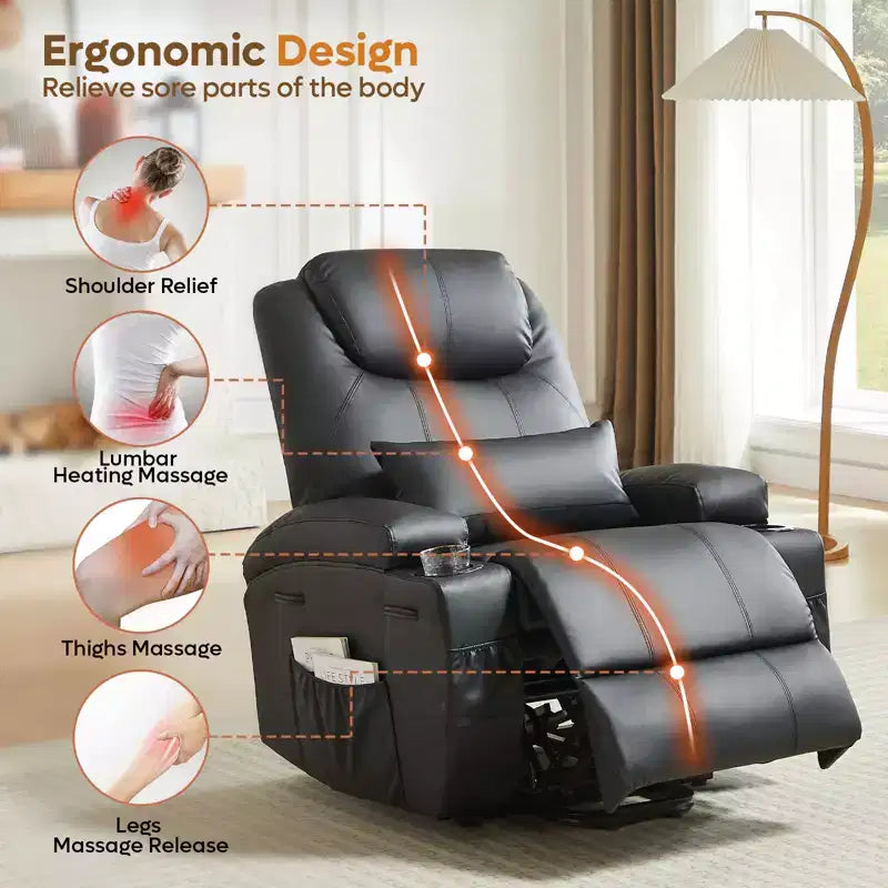 Bestier 34.6 Electric Power Lift Asist Recliner Chair with Massage and Heat, Fax Leather Reclining Chair with Side Pockets & Cup Holders