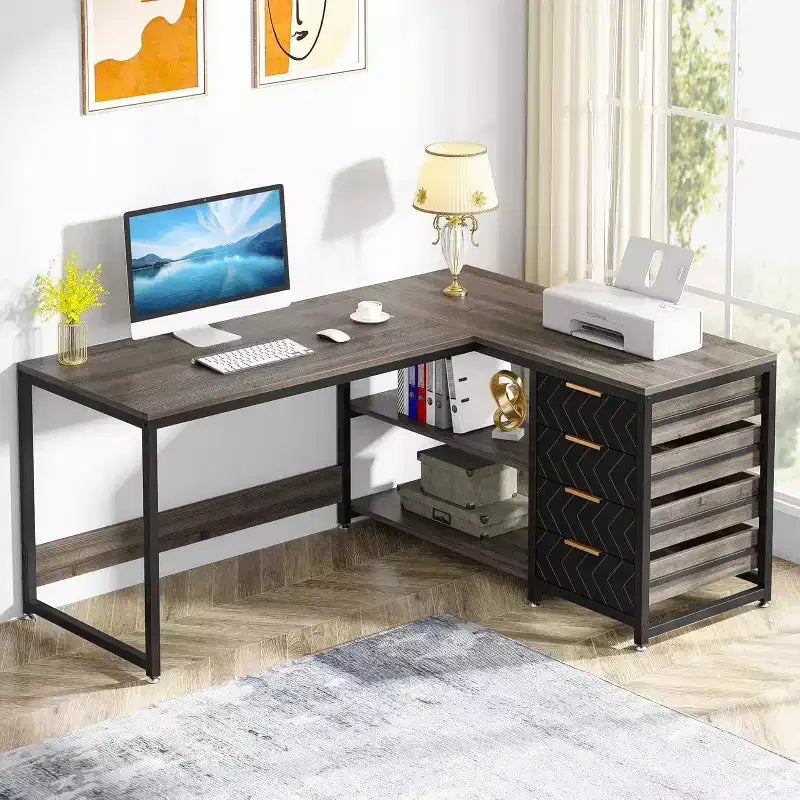 59 Reversible L-Shaped Corner Desk with Storage Drawers, Gray