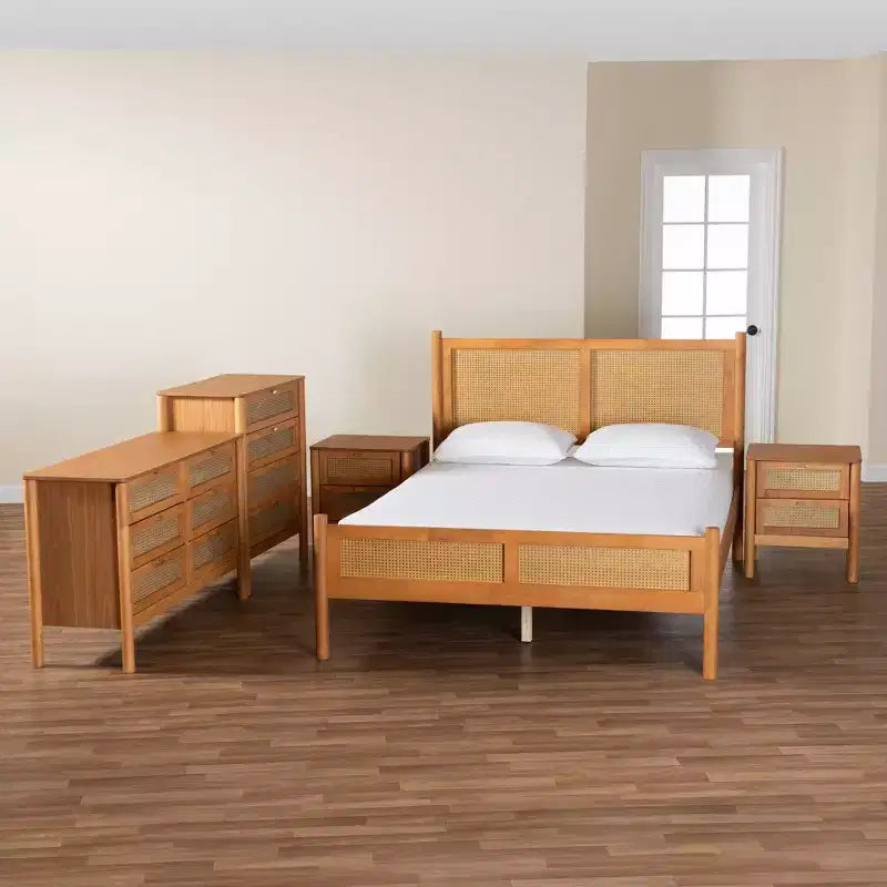 Baxton Studio Jenn Golden Brown Wood Japandi 5-Piece Queen Size Bedroom Set with Distressed-Finished Rattan