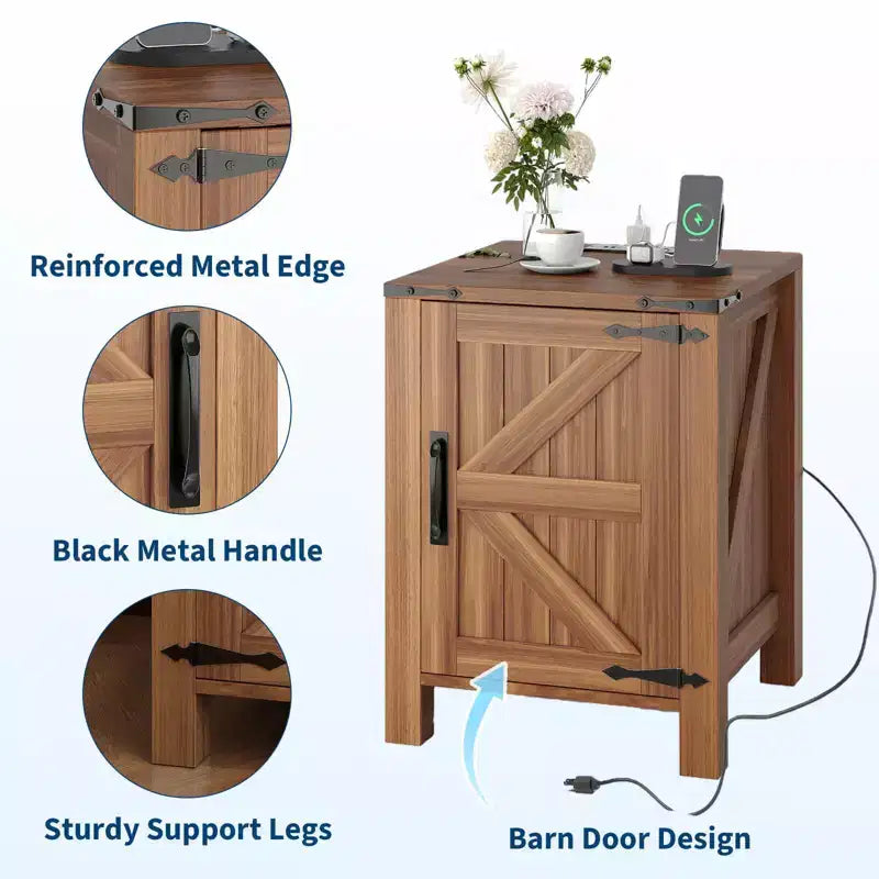 Lot de 2 tables de chevet de ferme avec station de recharge, table de nuit rustique avec porte de grange et étagère réglable, petite table d'appoint pour chambre et salon.