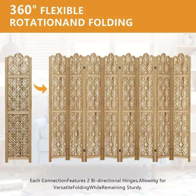 Carved Room Divider Folding Screen Room Divider with Copper Coin Pattern for Home Office Garden Terrace Paulownia Wood